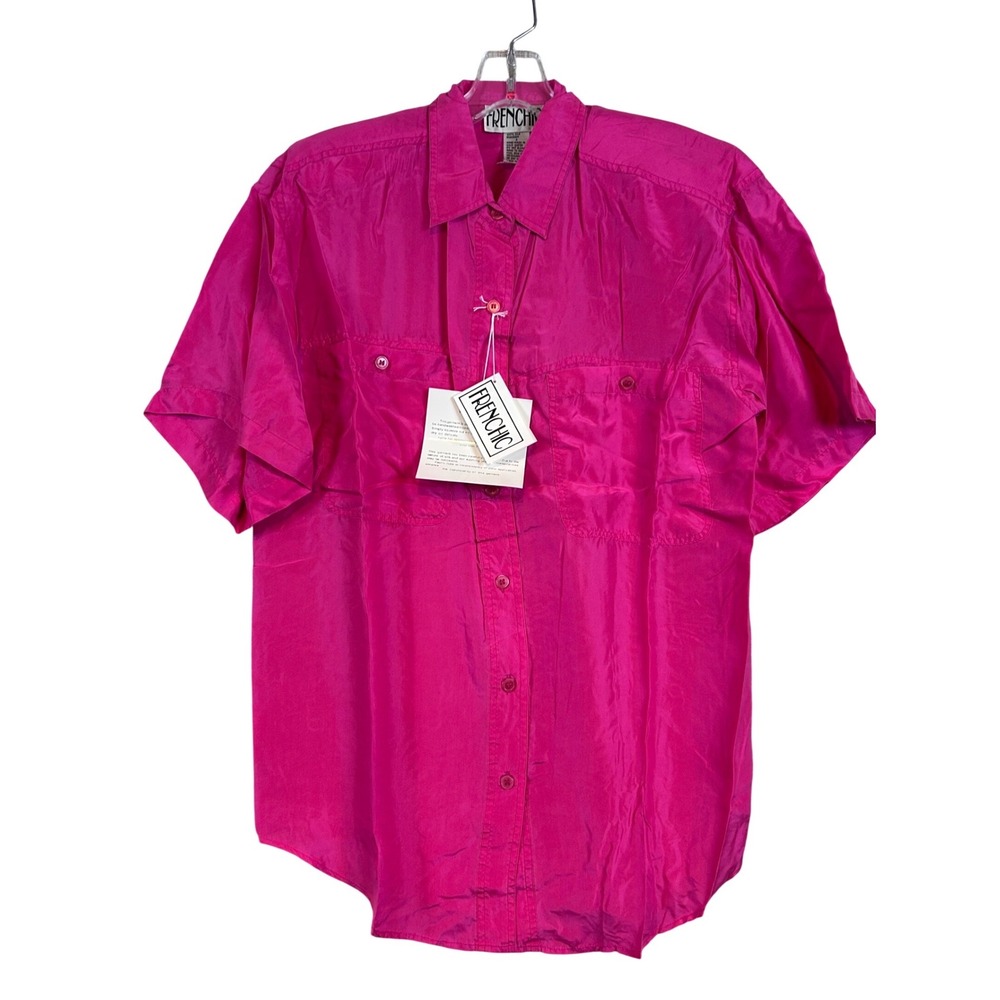 NWT Vintage Women Fuchsia Washable Silk Short Sleeve Button Up Shirt Frenchic SM